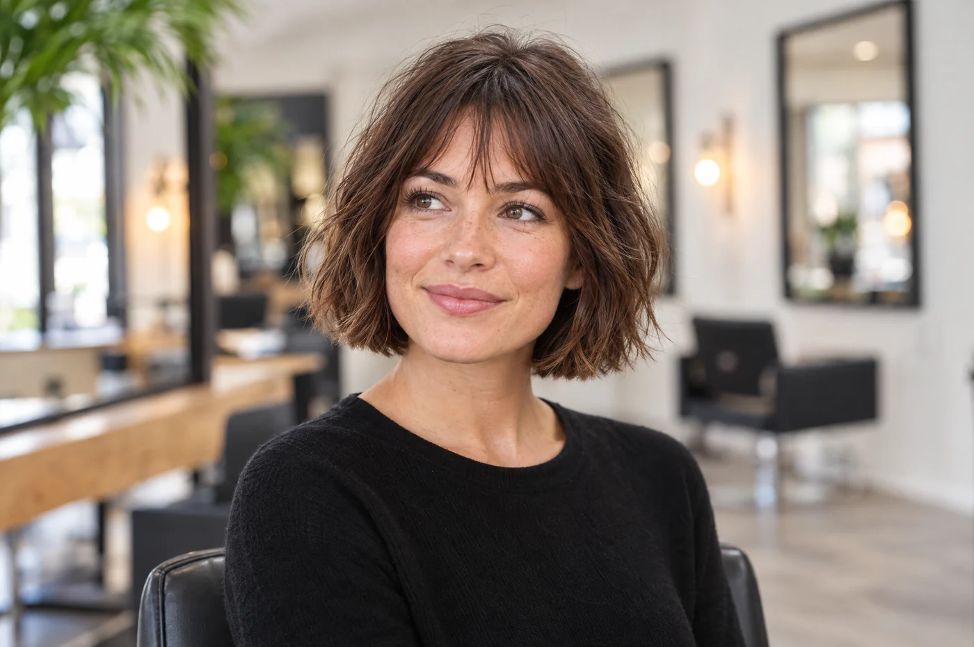 Coiffure bob parisien texturé avec mouvement naturel sur cheveux châtain