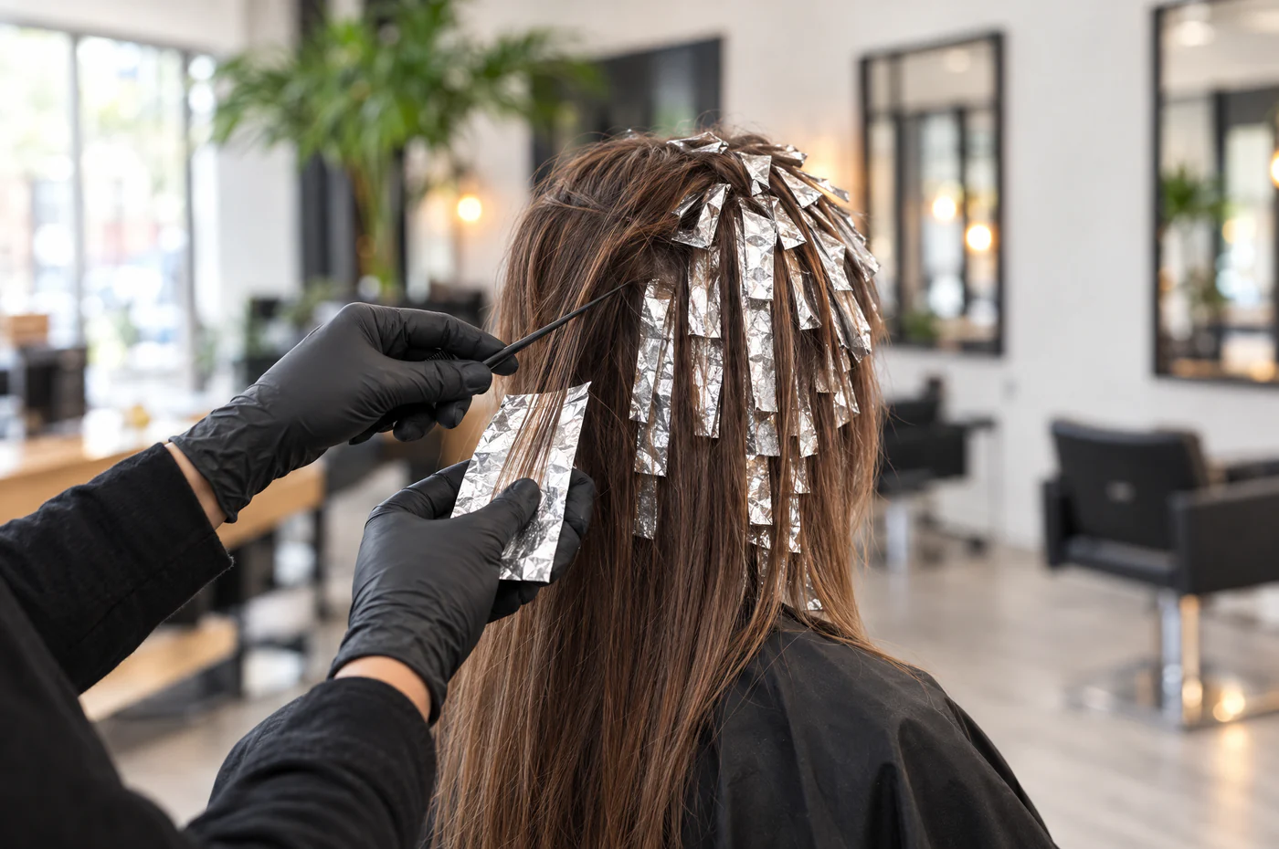 Coloriste posant de fines feuilles pour des babylights sur cheveux châtains