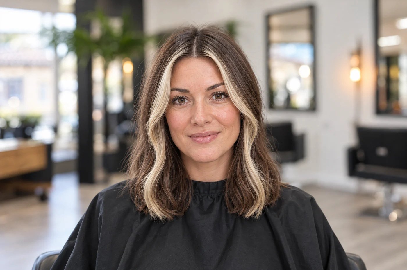 Mèches claires encadrant le visage d'une cliente : money piece en salon