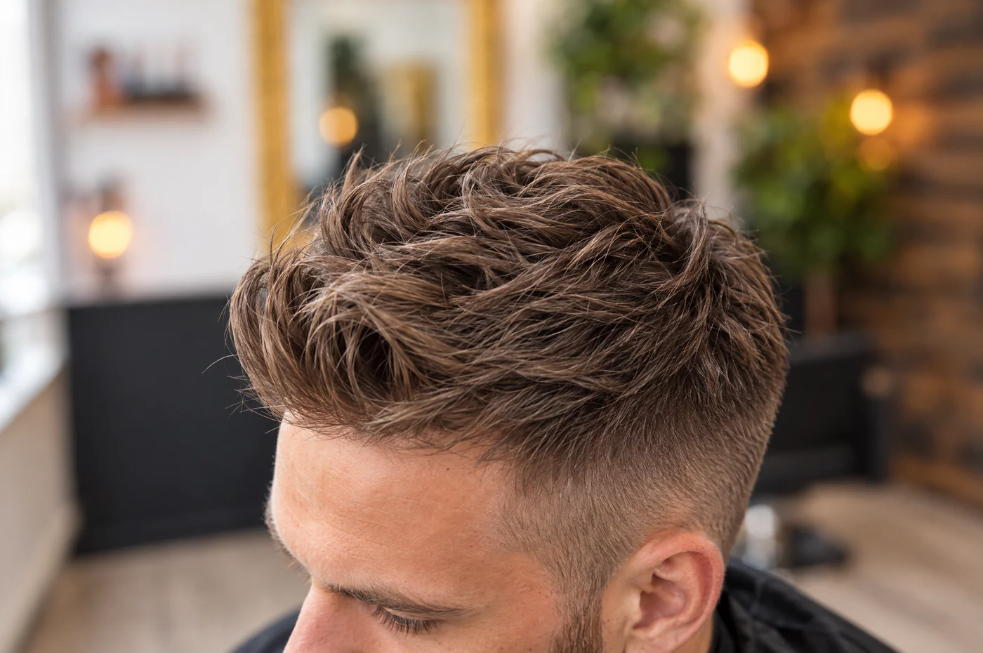 Gros plan sur le dessus d'une undercut texturée avec volume et mèches travaillées, réalisée au Salon Mickael Roman