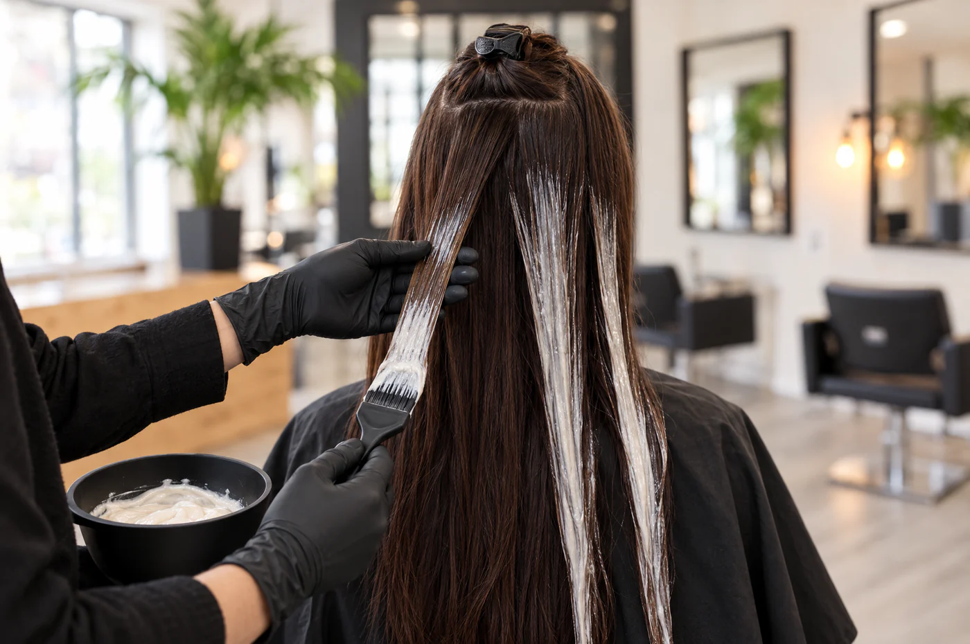 Coloriste appliquant un soin botox capillaire mèche par mèche sur des longueurs