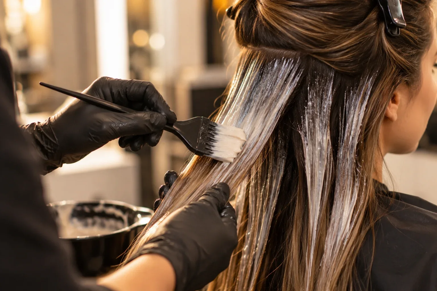 Coloriste appliquant un soin botox capillaire mèche par mèche sur des longueurs