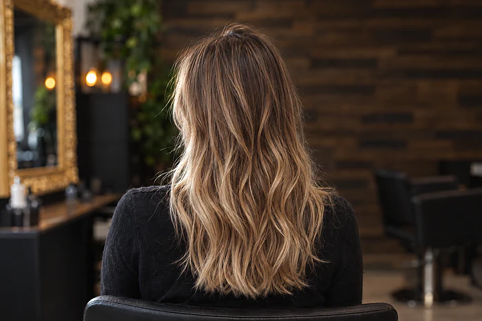 Résultat d'un balayage AirTouch : blond fondu, sans démarcation, sur cheveux longs ondulés