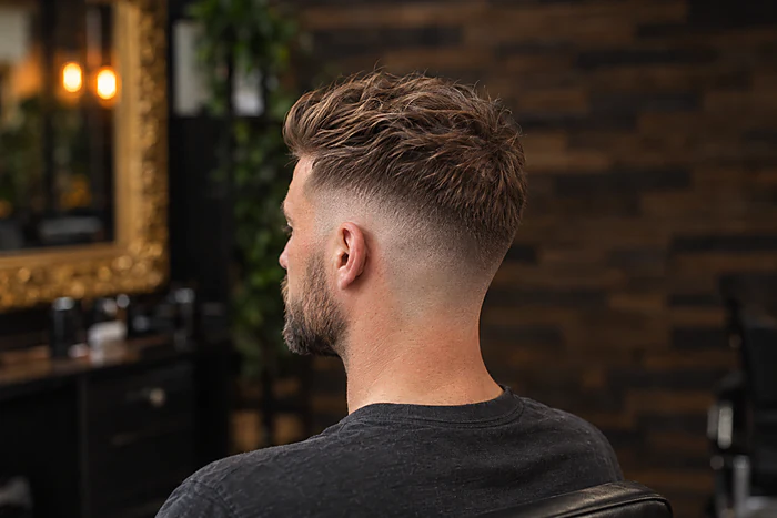 Skin fade : dégradé rasé à blanc sur la nuque et les tempes, dessus texturé
