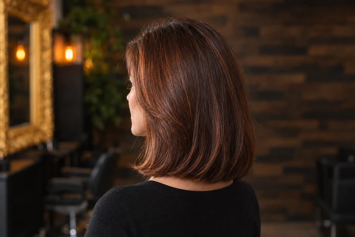Résultat d'une coloration végétale : brun aux reflets cuivrés, cheveux brillants